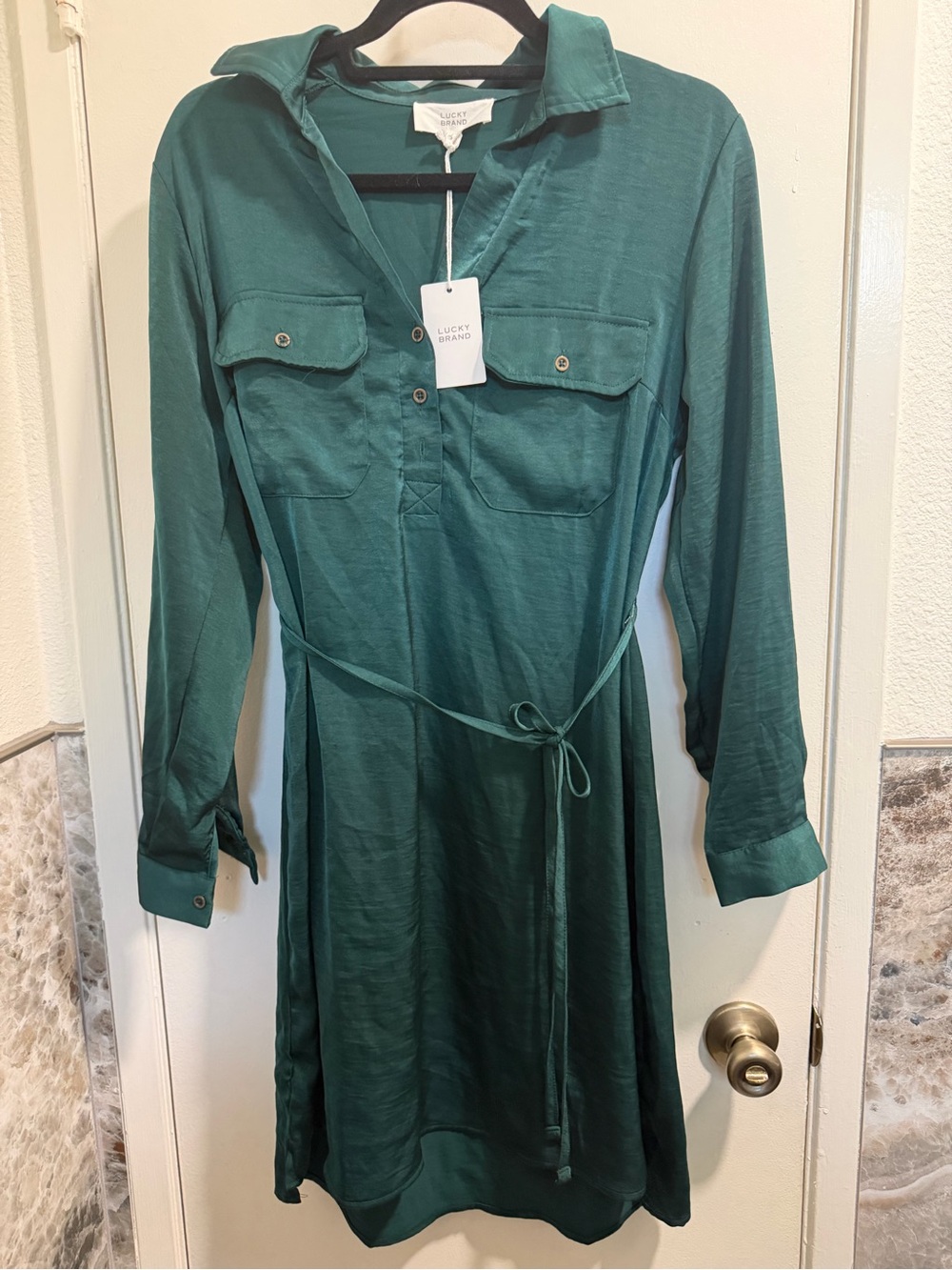 Lucky Brand Sea Moss Green Satin Shirt Dress Size M NWT